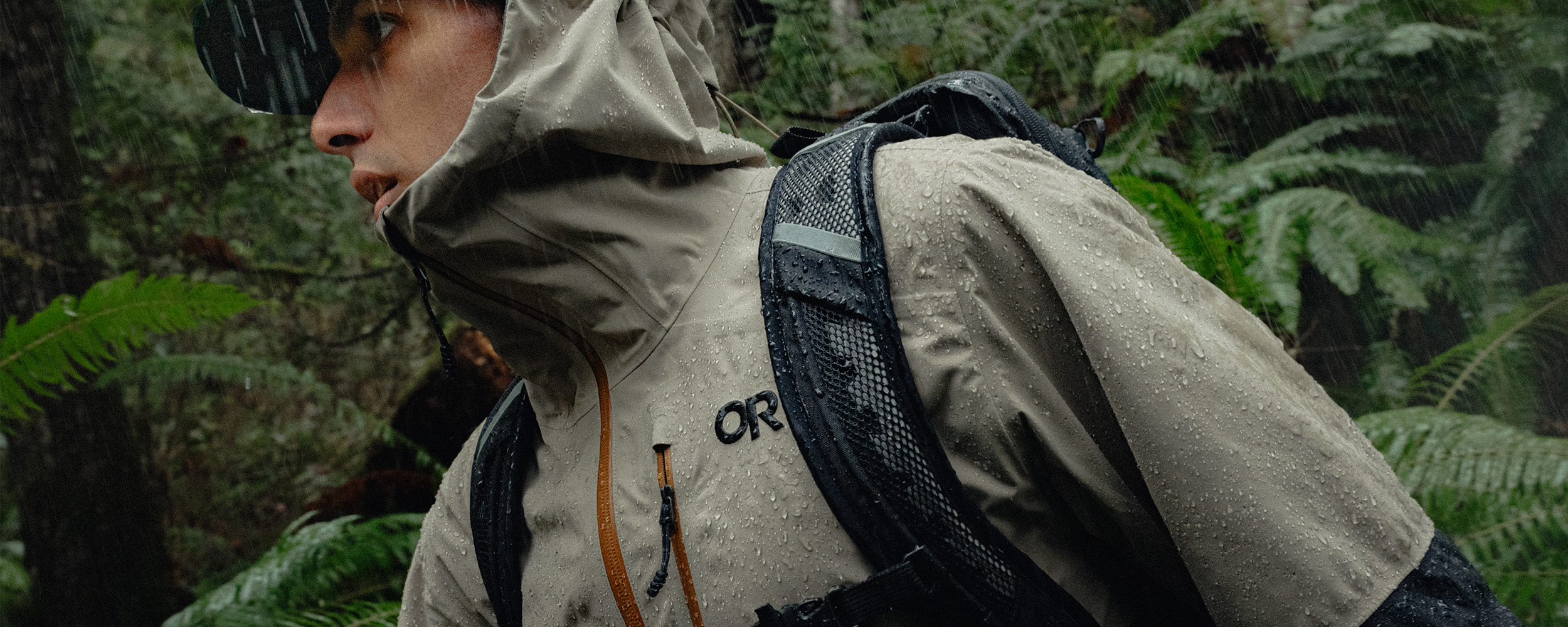 Male wearing Outdoor Research Foray 3L Rain Jacket