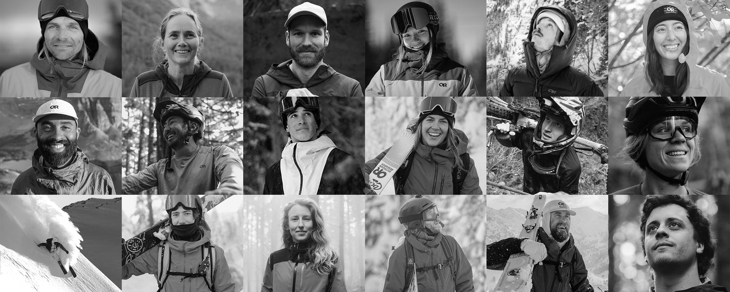 Collage of multiple people wearing winter gear in various poses and settings.