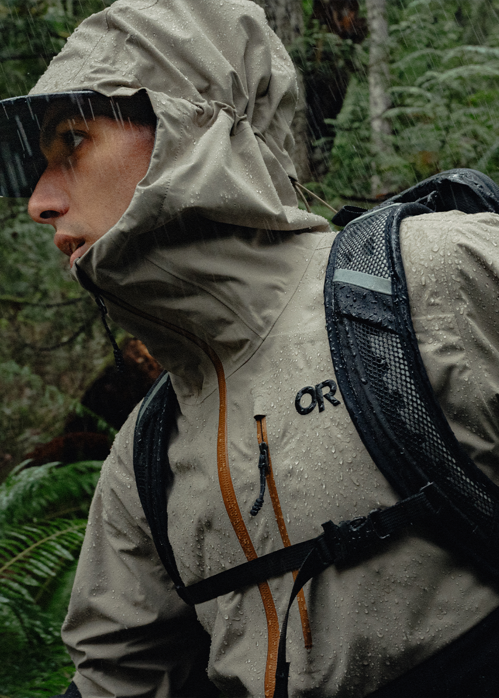 Male wearing Outdoor Research Foray 3L Rain Jacket